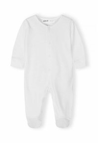 Grenouillère blanche à manches longues pour bébé, avec boutons-pression sur le devant et pieds intégrés, en tissu de coton doux.