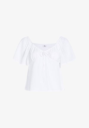 Blouse blanche avec des manches courtes et flottantes, et un décolleté carré. Présente un détail à nouer à l'avant et un tissu texturé. Design léger et aérien.