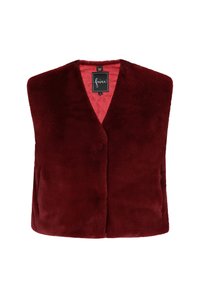 Bordeaux nepbont vest met een V-hals ontwerp. Heeft een gladde buitenkant en contrasterende gecapitonneerde roze voering. Geen sluitingen, open voorkant.