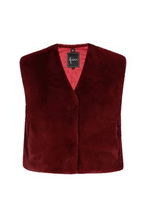 Burgundy faux fur vest with a V-neck design. Features a smooth exterior and contrasting quilted pink lining. No fastenings, open front.