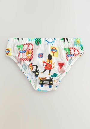 Culotte de bain blanche avec des motifs colorés et ludiques représentant des monuments de Londres, des animaux et des véhicules. Texture lisse avec une taille élastique.