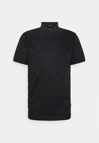 Polo noir en coton avec un motif subtil de palmiers. Comprend un col, des manches courtes et une patte de boutonnage à trois boutons.