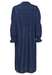 Abito blu navy con schiena arricciata, maniche lunghe e gonfie, e polsini a volants, realizzato in un tessuto liscio e lucido. Silhouette di lunghezza media.