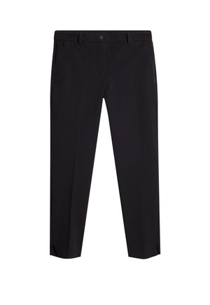 Pantalons noirs ajustés à la longueur de la cheville avec poches latérales, passants de ceinture, fermeture à bouton à l'avant et petites fentes sur les côtés aux ourlets.
