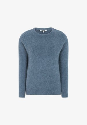 Suéter de punto azul claro, cuello redondo, mangas largas, textura suave, corte ligeramente holgado, sin patrones ni accesorios visibles.