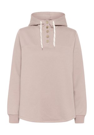 Hooded pullover sweater in soft blush pink. Features a buttoned placket, drawstring hood, and ribbed cuffs. Smooth texture with a relaxed fit.
