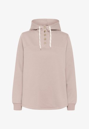 Kapuljača pulover s ovratnikom u mekom ružičastom tonu. Ima dugmad na prednjem dijelu, kapuljaču s vezicom i rebraste manžete. Glatka tekstura s opuštenim krojem.