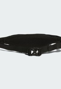 Black waist bag made of durable fabric, featuring a mesh back, adjustable strap, and a secure buckle. Compact, streamlined design.