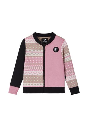 Dziecięcy sweter na zamek z różowymi, beżowymi i czarnymi geometrycznymi wzorami oraz małą czarną naszywką z białą postacią na piersi.
