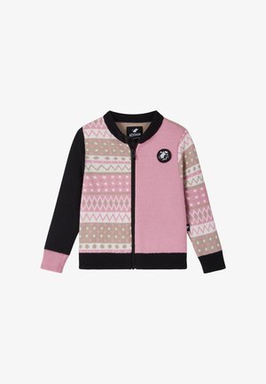 Dziecięcy sweter na zamek z różowymi, beżowymi i czarnymi geometrycznymi wzorami oraz małą czarną naszywką z białą postacią na piersi.