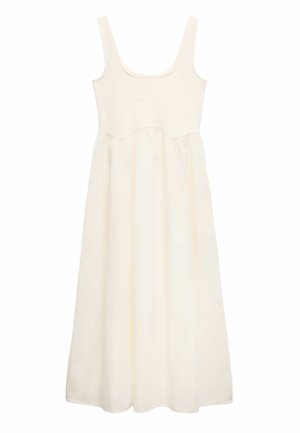 Ärmelloses, cremefarbenes Midikleid mit tailliertem Oberteil und fließendem, gerafftem Rock.