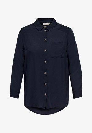 Marineblauwe button-up shirt met een kraag, lange mouwen, een enkele borstzak en een ronde zoom. Kenmerkt zich door gouden knopen aan de voorkant.