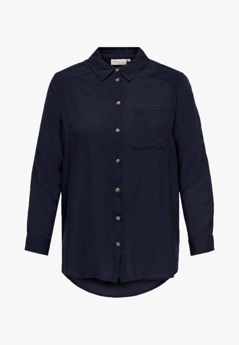 Navy blue button-up shirt with a collar, long sleeves, single chest pocket, and a rounded hem. Features gold buttons along the front.