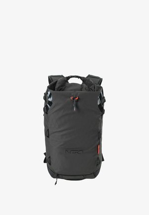 Black, quilted backpack with a geometric pattern, adjustable straps, and a top handle. Features red accents and a drawstring closure.