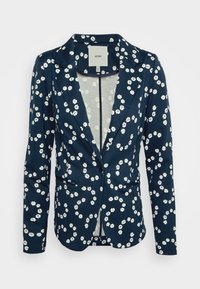 Mörkblå blazer med vitt blommönster, enkel knappstängning, slagkrage och två framfickor. Tillverkad av lätt material.