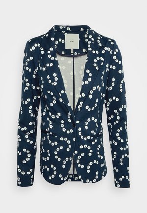 Blazer marine avec motif floral blanc, fermeture à un bouton, revers crantés et deux poches avant. Fabriqué en tissu léger.