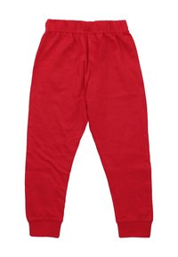 Czerwone dresowe spodnie z elastycznym pasem i mankietami przy kostkach. Wykonane z miękkiej bawełnianej tkaniny, charakteryzujące się gładką teksturą i prostym wzornictwem.