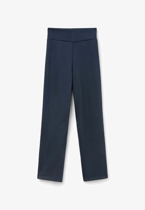 Pantalons larges taille haute bleu marine avec une ceinture lisse et sans poches visibles ni embellissements.