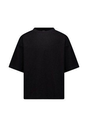 Zwart oversized T-shirt met een hoge ronde halslijn en korte mouwen. Gemaakt van zachte stof met een gladde textuur. Eenvoudig, strak ontwerp.