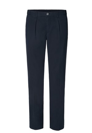 Navy blue trousers with a tailored fit, featuring a flat front, two pleats, and a button closure. Made of smooth, lightweight fabric.