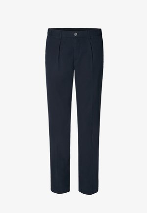 Marineblaue Hose mit taillierter Passform, mit flachem Frontbereich, zwei Falten und Knopfverschluss. Hergestellt aus glattem, leichtem Stoff.