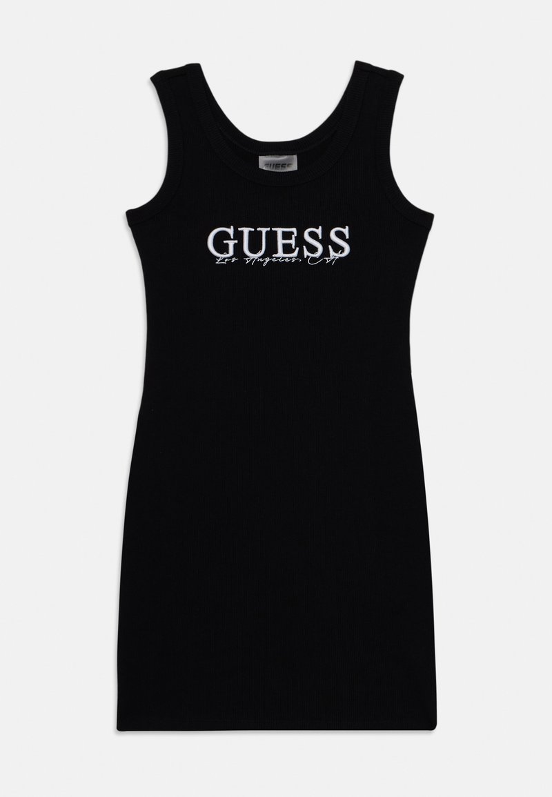 Čierne formfitting šaty bez rukávov s rebrovanou textúrou. Obsahujú logo "GUESS" v bielej farbe naprieč hrudníkom. Bezrukávový dizajn a okrúhly výstrih.
