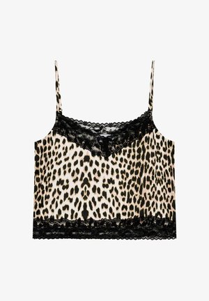 Leotard im Leopardenmuster mit schwarzem Spitzenbesatz, ausgestattet mit dünnen verstellbaren Trägern und einem weichen, glatten Stofftexture.