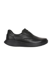 Black leather shoe with a rounded toe, smooth texture, and a lace-up design. Features a cushioned, ridged sole for comfort and support.