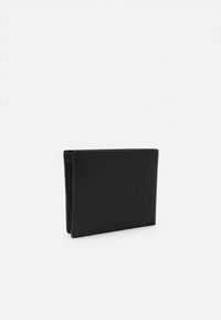 Black leather wallet with a textured finish, rectangular shape, bi-fold design, and minimal stitching detailing. Compact and functional.