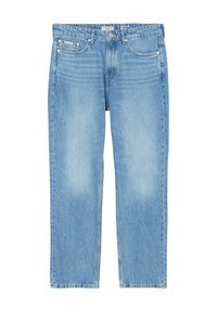 Svetlo modri jeans s ravnim krojem, petimi žepi in subtilnim zbledelostjo. Ima klasičen pas z gumbom in zadrgo.
