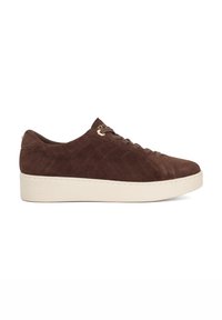 Brown suede sneaker with quilted texture, lace-up design, and gold-tone hardware accents. Features a white rubber sole for support.