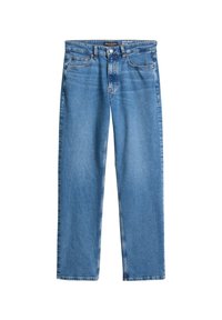 Niebieskie jeansy prostego kroju z przednimi kieszeniami, szlufkami na pasek, zapięciem na guzik oraz widoczną metką marki wewnątrz pasa.