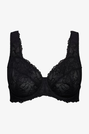 Czarny koronkowy biustonosz z fiszbinami, kwiatowym wzorem, szerokimi ramiączkami i falistymi brzegami.