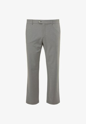 Grijze broek van gladde stof met een getailleerde pasvorm, voorzien van een knoopsluiting, riemlussen en rechte pijpen.