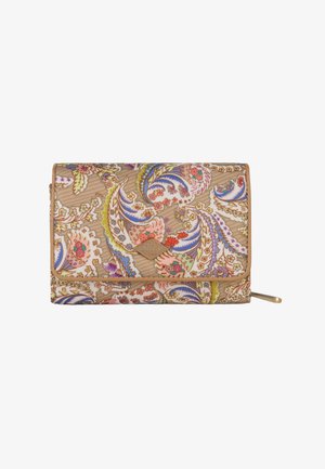 Gevouwen portemonnee met beige achtergrond, versierd met kleurrijke paisley- en bloemmotieven, en een klein metalen logoplaatje op de voorflap.