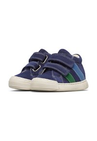Scarpe in tela navy con due cinturini in Velcro, suole in gomma bianca e dettagli colorati verde e blu sui lati.
