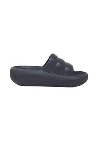 Ciabatte nere in gomma liscia, con un design a strappo spesso e arrotondato e una suola testurizzata per una buona aderenza.