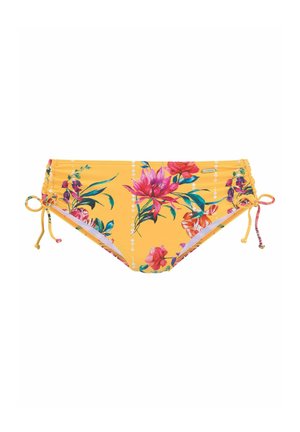 Gelber Bikini-Unterteil mit einem floralen Muster in Pink und Grün, seitlichen Bindebändern zur Anpassung und Raffung für zusätzliche Textur.