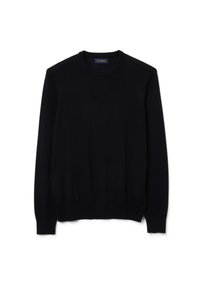 Schwarzer Rundhalsausschnitt-Pullover aus weichem Material, mit langen Ärmeln, gerippten Bündchen und Saum, und einer glatten und gleichmäßigen Textur im gesamten Kleidungsstück.