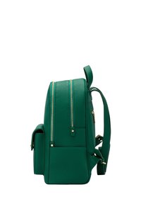 Green textured leather backpack with golden zippers, structured shape, side pocket, and adjustable straps. Features a top handle for carrying.