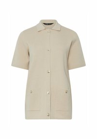 Gilet beige à manches courtes avec un col, cinq boutons à l'avant et deux poches plaquées au niveau des hanches. Texture douce.