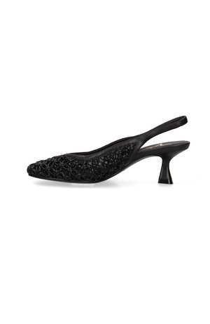 Black slingback kitten heel shoe with pointed toe and intricate cut-out pattern on upper material.