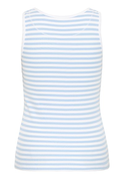 Ribaldis t-särk, millel on helesinised ja valged horisontaalsed triibud, valmistatud venivast kangast, millel on kehaümberpöörav siluett ja ümmargune kaelus.