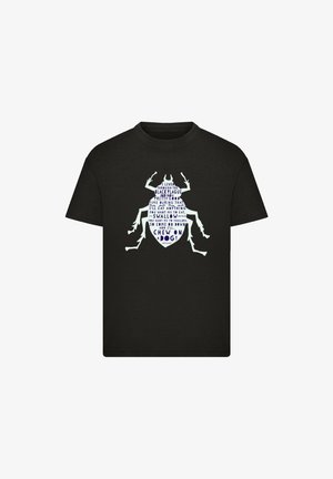 Black cotton t-shirt featuring a large graphic of a beetle comprised of text in various colors and fonts, including shades of blue and white.
