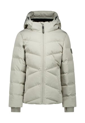 Lichtgrijze doorgestikte winterjas met capuchon, voorrits, lange mouwen en geribde boorden.