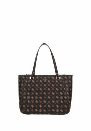 Sac cabas noir Guess avec motif monogramme marron, deux bretelles, forme rectangulaire et fermeture zippée.