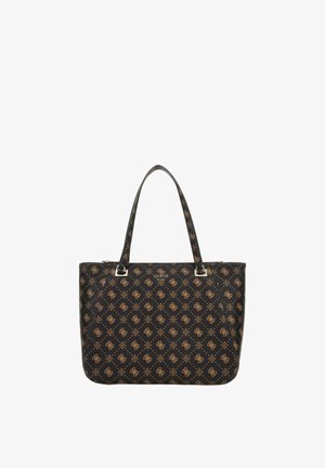 Sac cabas noir Guess avec motif monogramme marron, deux bretelles, forme rectangulaire et fermeture zippée.