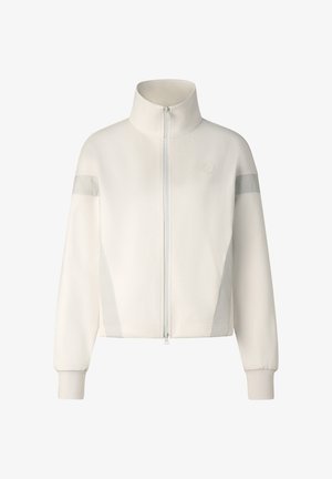 White full-zip jacket with high collar, long sleeves, subtle mesh panels on sides, and reflective strip on upper arms.