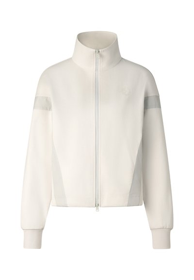 White full-zip jacket with high collar, long sleeves, subtle mesh panels on sides, and reflective strip on upper arms.