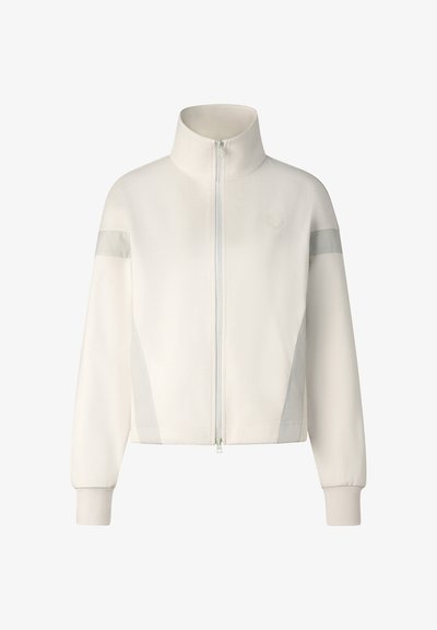 White full-zip jacket with high collar, long sleeves, subtle mesh panels on sides, and reflective strip on upper arms.